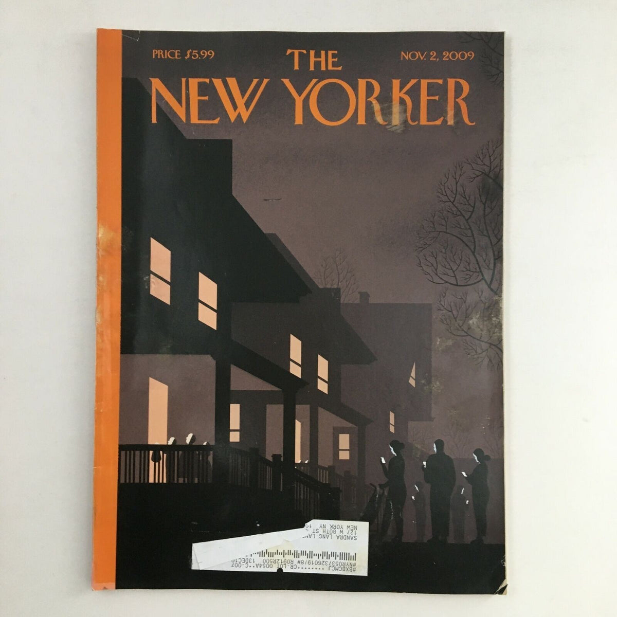 The New Yorker November 2, 2009 magazine cover designed by Chris Ware, featuring a dark, atmospheric illustration of silhouettes standing outside a house.