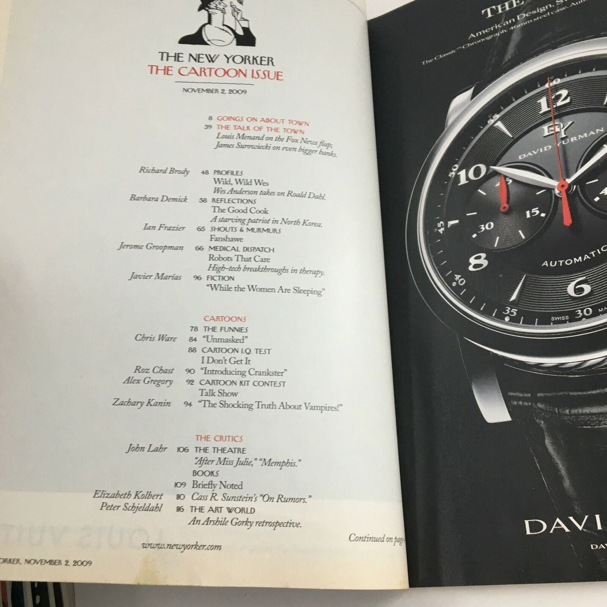 Inside page of The New Yorker November 2, 2009, displaying the table of contents for the Cartoon Issue, highlighting featured articles, contributors, and insights into the publication's offerings, designed by Chris Ware.