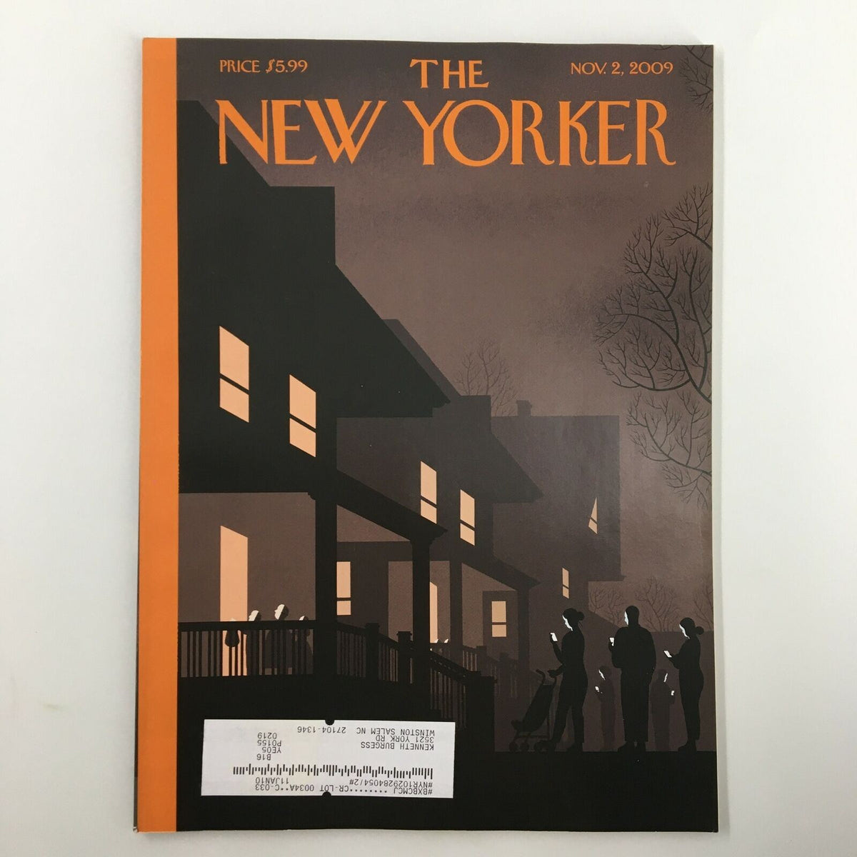 The New Yorker Full Magazine November 2, 2009 cover featuring a stylized illustration with a dark theme, showcasing figures outside a house, reflecting the edition titled 'Unmasked'.