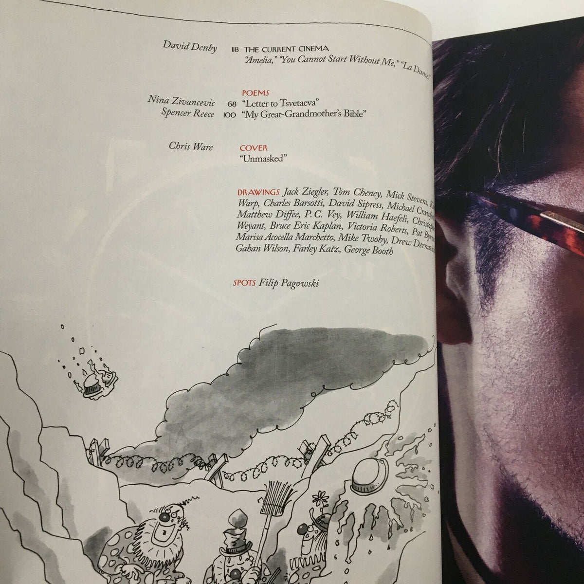Another inside page of The New Yorker Full Magazine November 2, 2009 showcasing additional illustrations and articles including 'The Current Cinema' and an illustration by Chris Ware for the cover story 'Unmasked'.