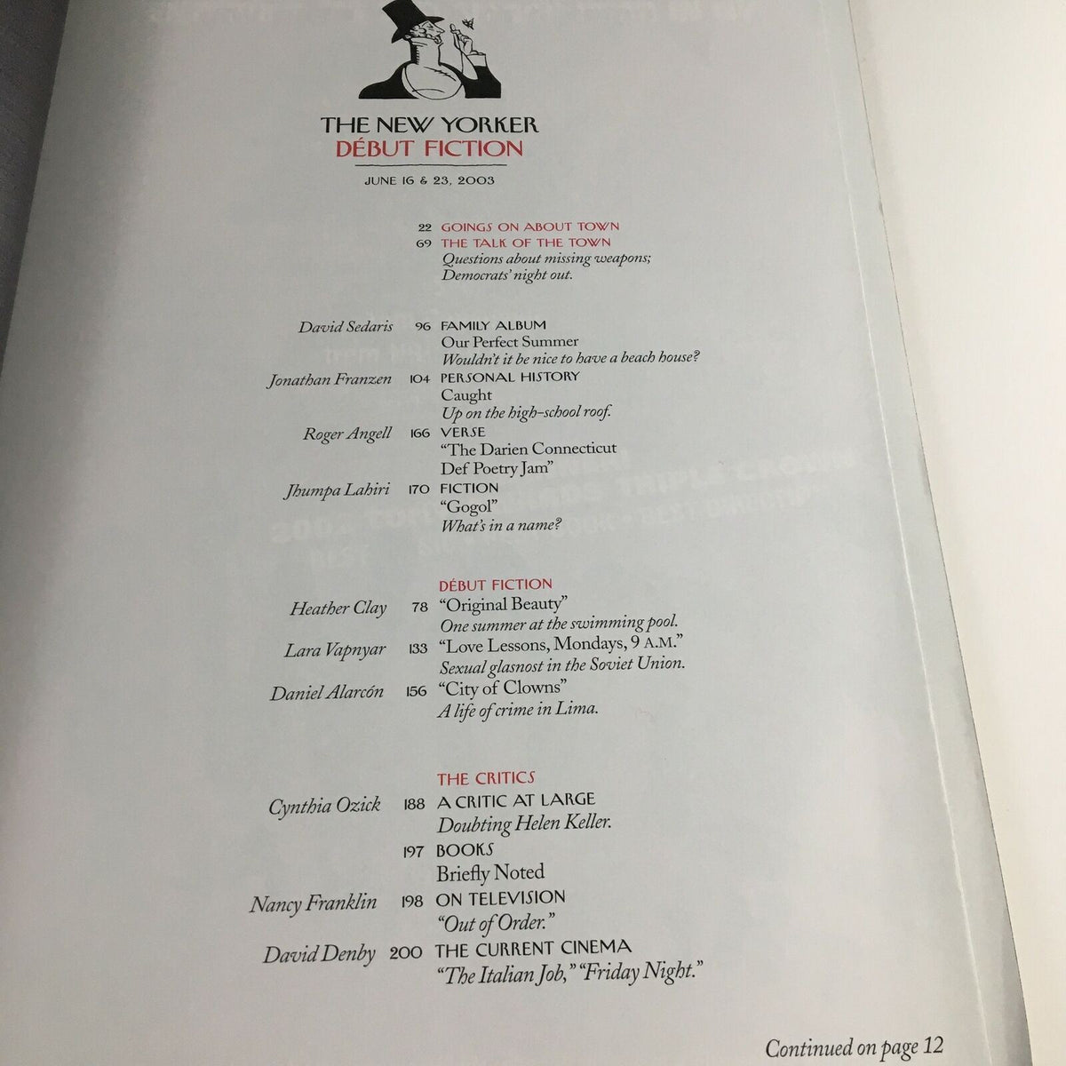The New Yorker Full Magazine June 16 2003 inside page showcasing the table of contents, including sections on debut fiction and articles reflecting cultural insights from the era.
