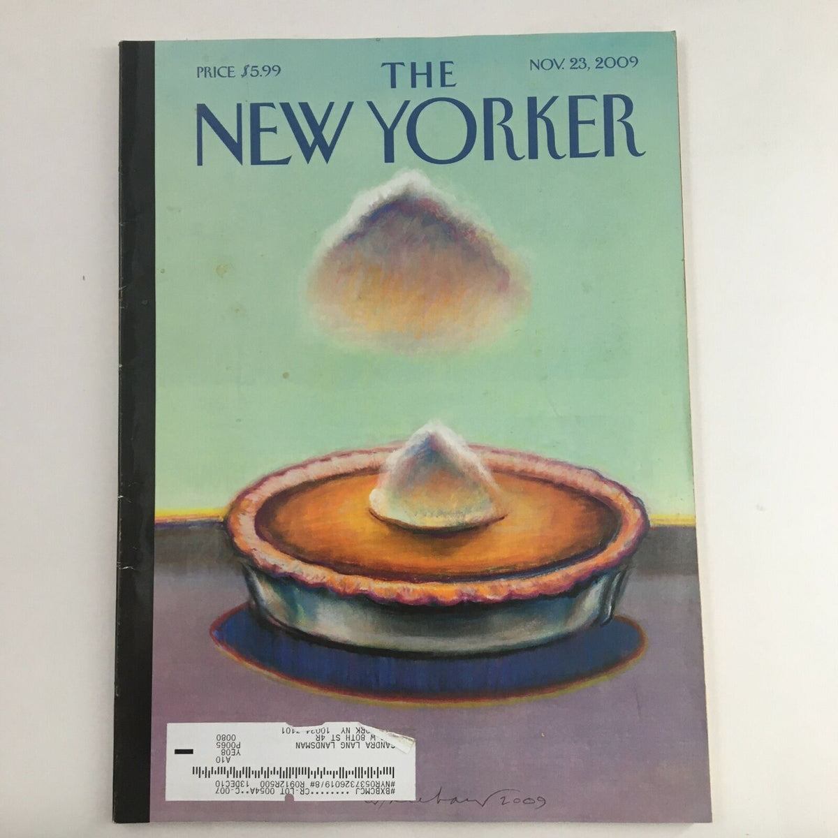 Cover of The New Yorker November 23, 2009 magazine featuring a unique artwork by Sam Shepard, depicting a pie with floating meringue, showcasing vibrant colors and artistic creativity.