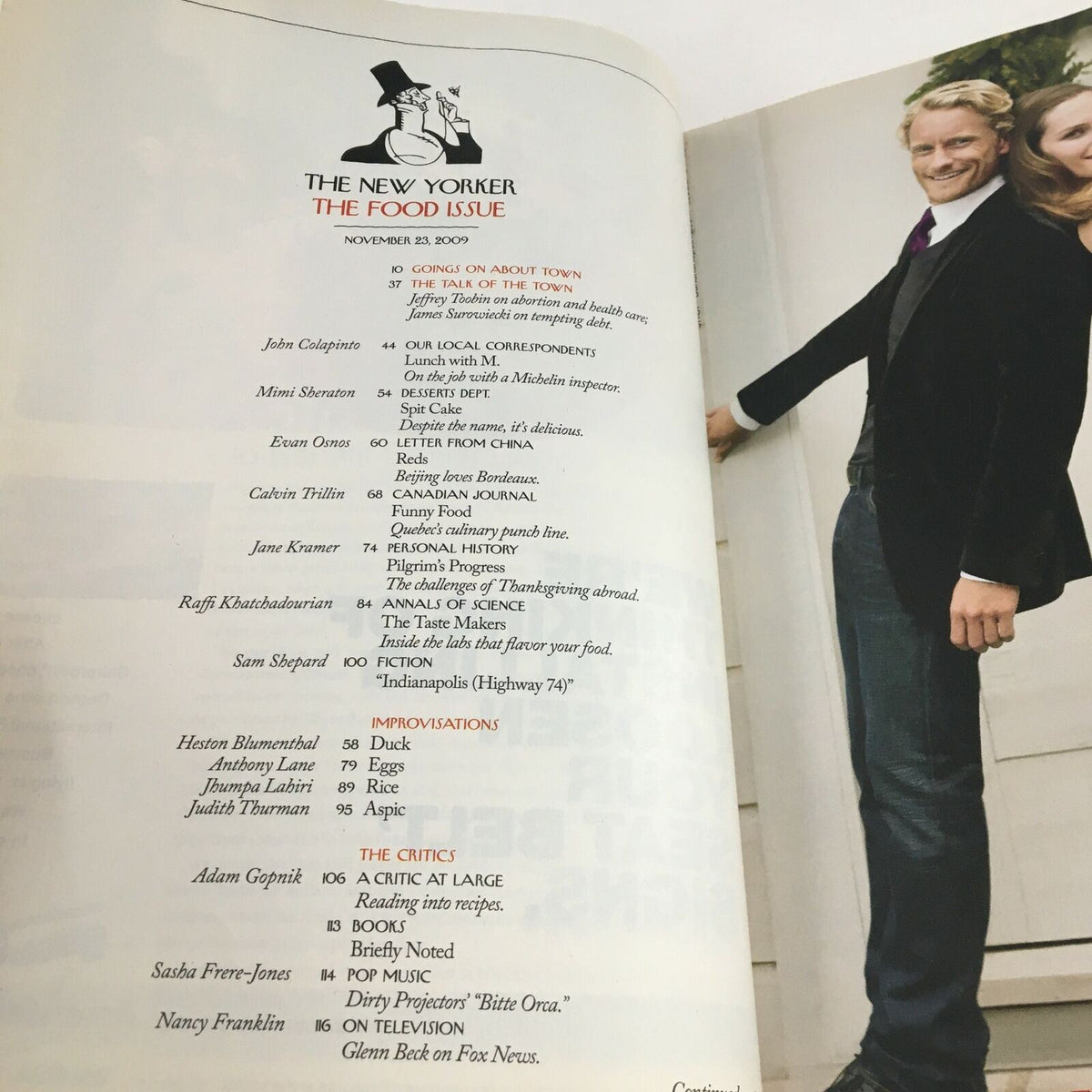 Table of contents from The New Yorker November 23, 2009 Full Magazine Theme Cover by Sam Shepard, showcasing featured articles and contributions including works by John Colapinto, Jane Kramer, and others.
