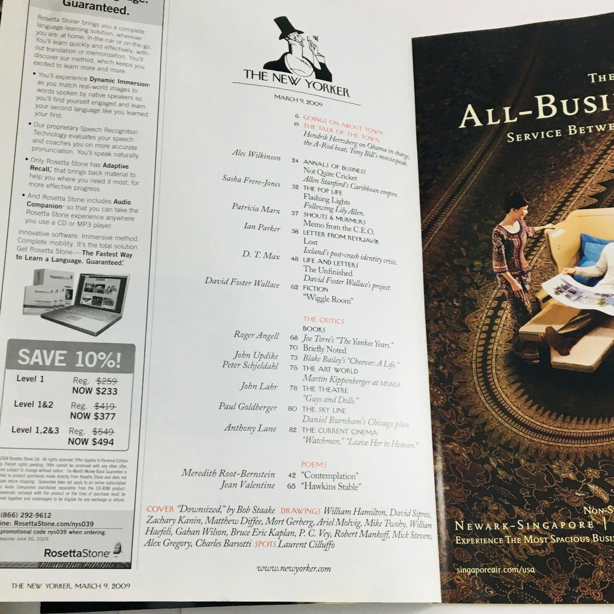 Interior page of The New Yorker March 9 2009 magazine displaying the contributor's names and information alongside an advertisement, showcasing the magazine's layout and content.