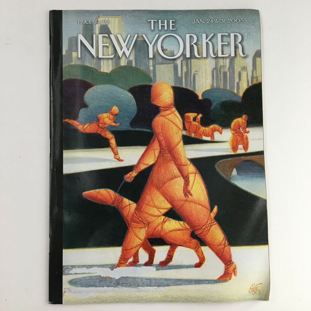Cover of The New Yorker Magazine dated January 24-31, 2005, featuring 'Central Park Wrapped' artwork by Lorenzo Mattotti, depicting figures in orange walking with a dog in a stylized urban landscape.