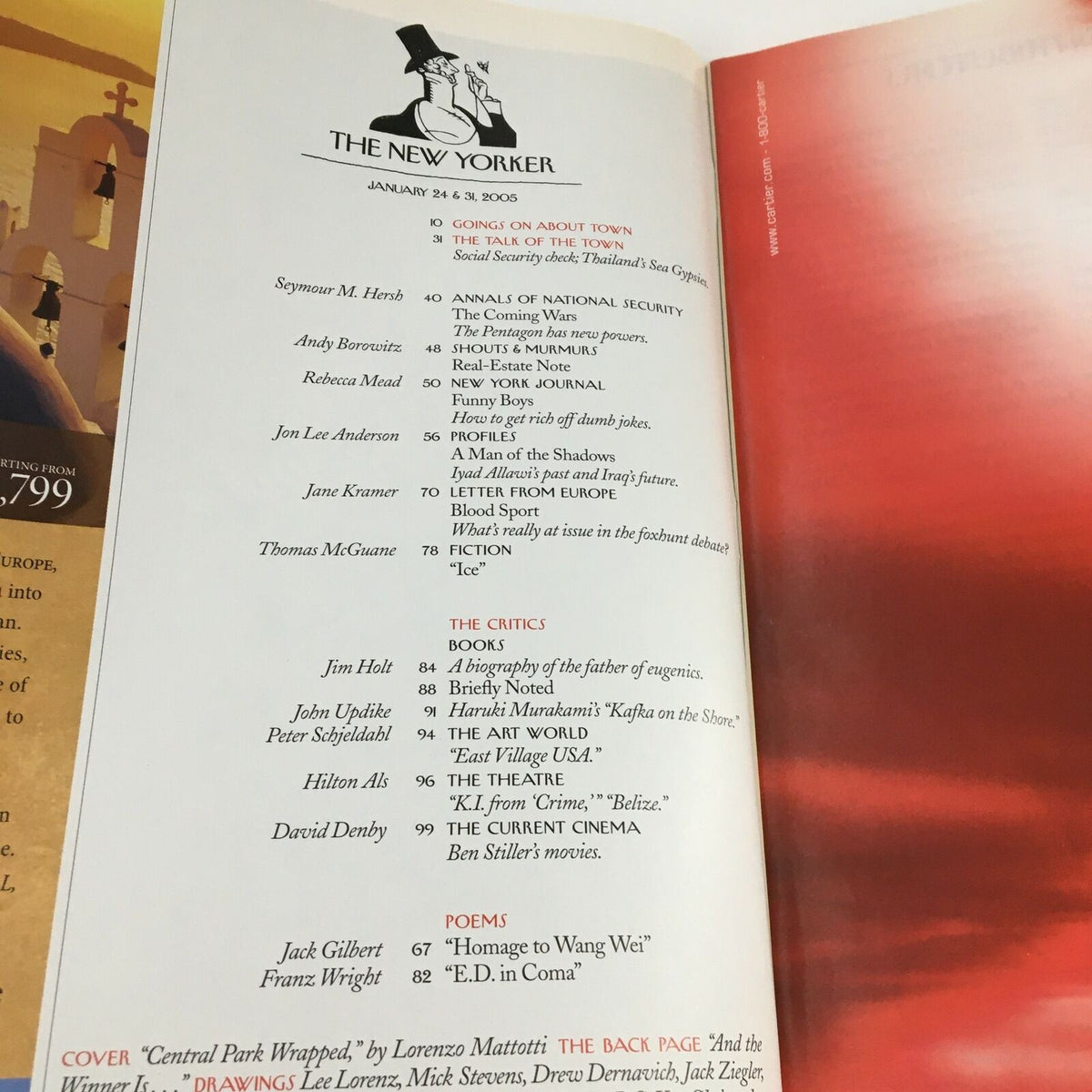 Inside page of The New Yorker Magazine from January 24-31, 2005, featuring the contents section with articles, including 'Going On About Town' and poetry by Jack Gilbert and Frank Wright.