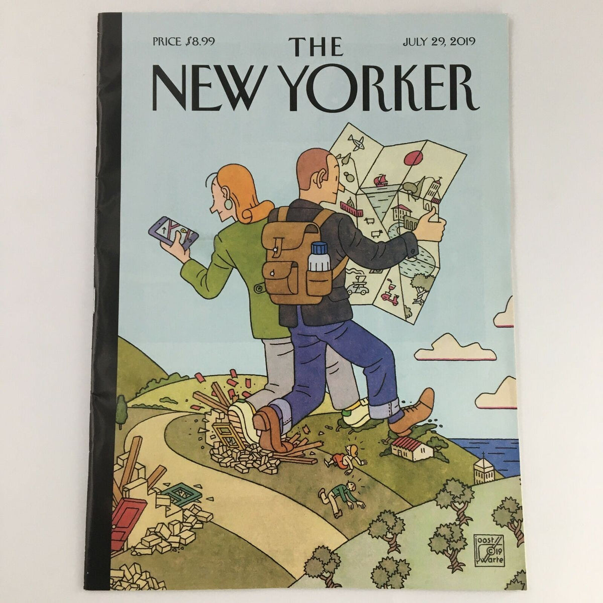 The New Yorker July 29 2019 magazine cover illustration by Joost Swarte, featuring two characters exploring a landscape with a map and a phone.