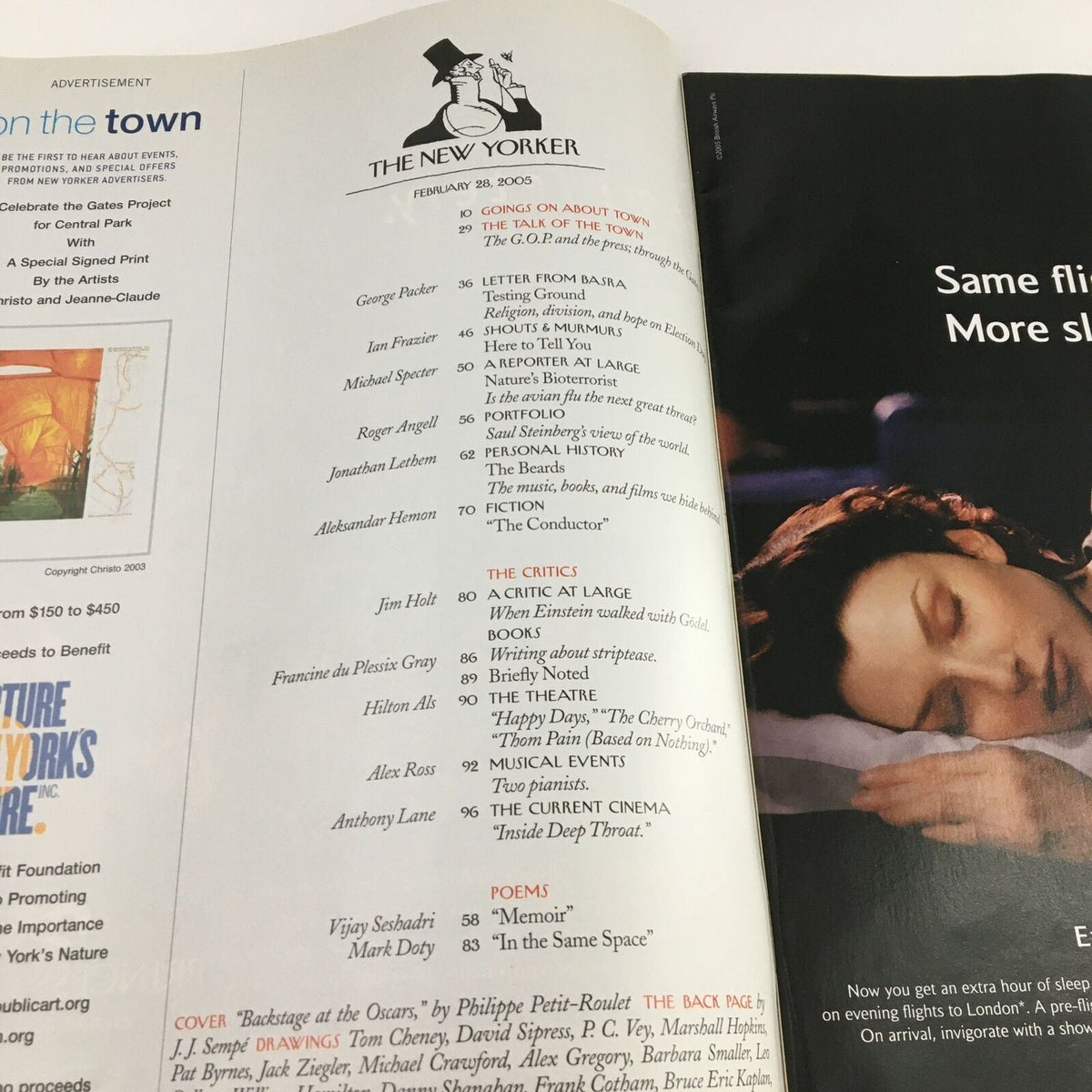 Inside view of The New Yorker Magazine from February 28, 2005, featuring content highlights and contents page, showcasing articles and the feature 'Backstage at the Oscars' by Philippe P. Roul.
