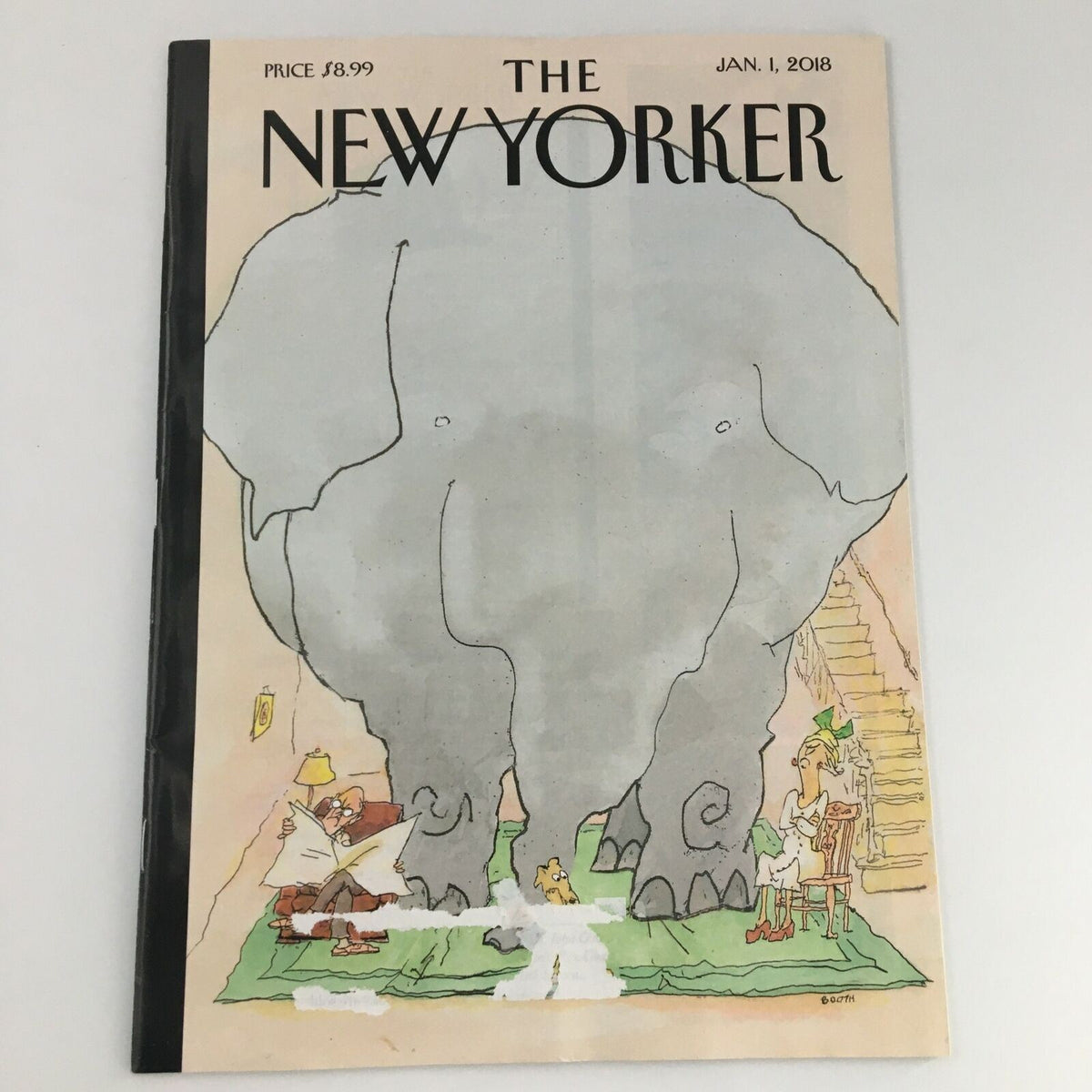 The New Yorker January 1 2018 Full Magazine cover featuring a whimsical illustration by George Booth, showcasing a large elephant and amusing characters.