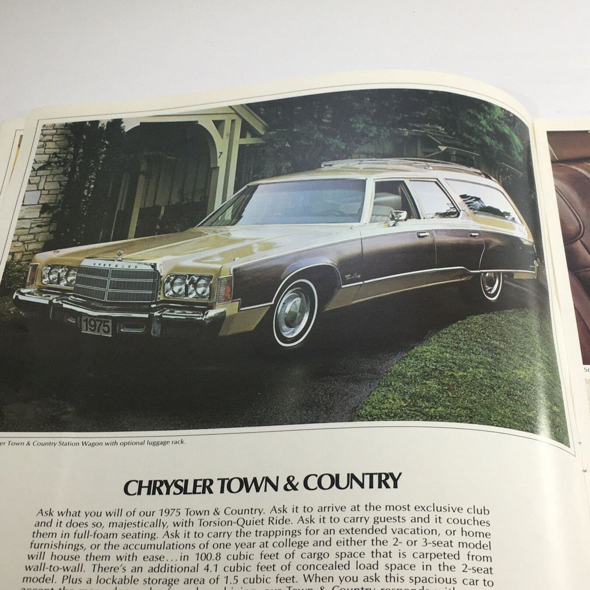 1975 Chrysler New Yorker Brougham Dealership Car Auto Brochure showcasing the Chrysler Town & Country Station Wagon with a stylish design and optional luggage rack.