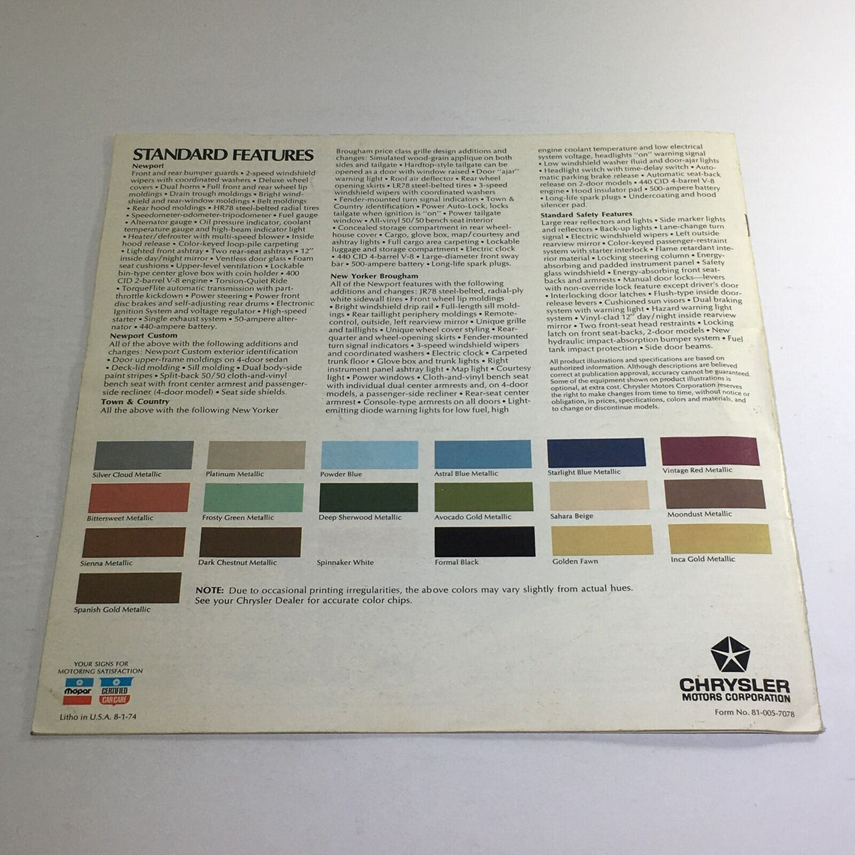 1975 Chrysler New Yorker Brougham Dealership Car Auto Brochure detailing the standard features and color options available for the 1975 Chrysler models.