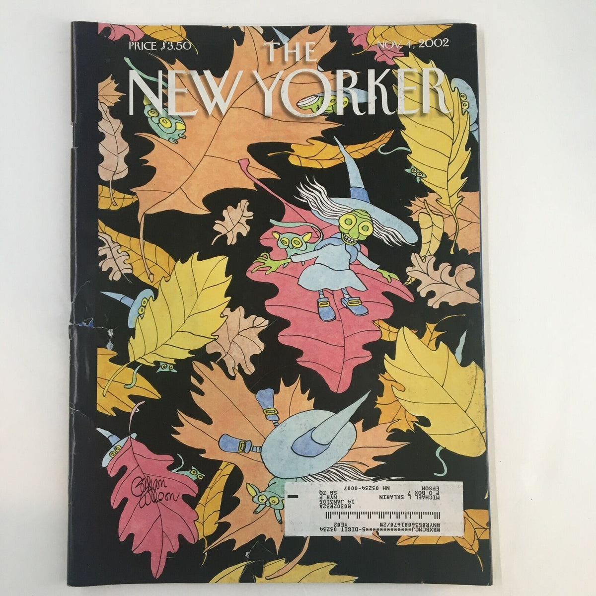 Cover of The New Yorker magazine from November 4, 2002, featuring the whimsical artwork 'Flying Leaves' by Gahan Wilson, showcasing colorful autumn leaves and playful characters.