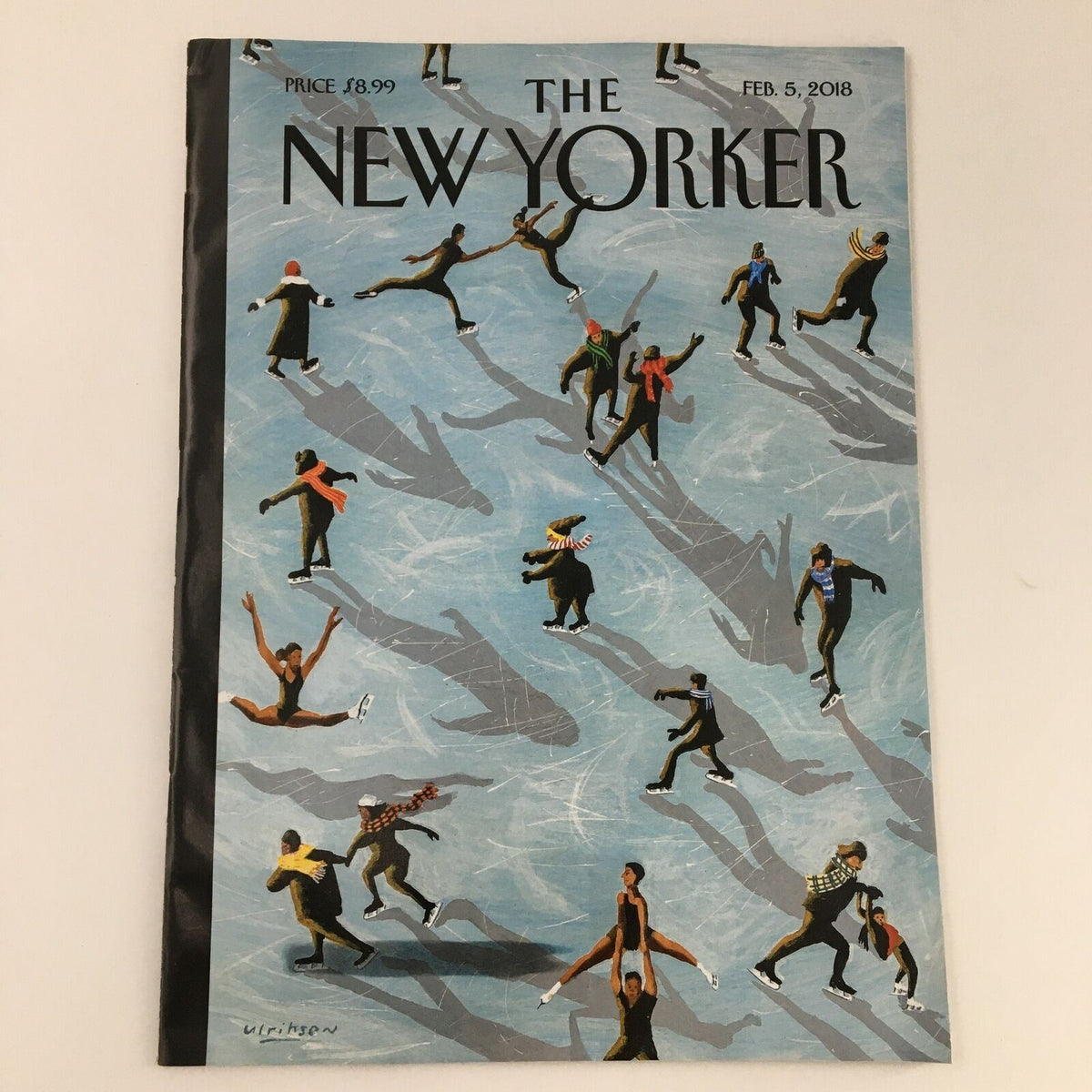 The New Yorker February 5 2018 Full Magazine Theme Cover by Mark Ulriksen, featuring an artistic portrayal of people skating on ice, capturing a vibrant winter scene.