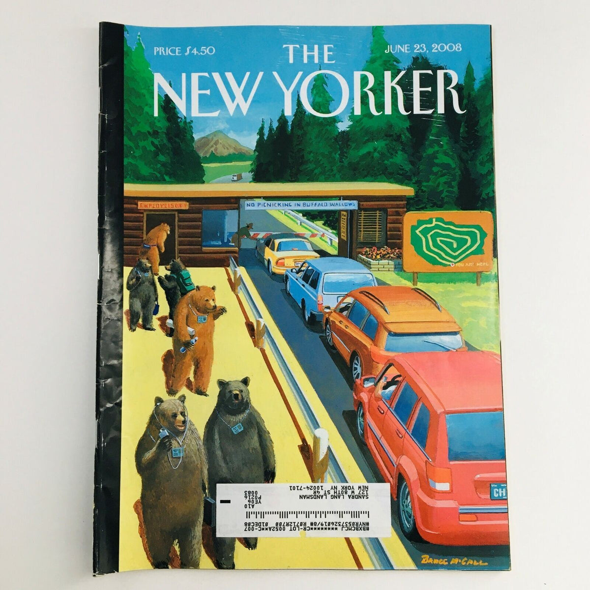 The New Yorker June 23 2008 Full Magazine Theme Cover by Bruce McCall featuring a colorful illustration with bears and cars in a scenic landscape.