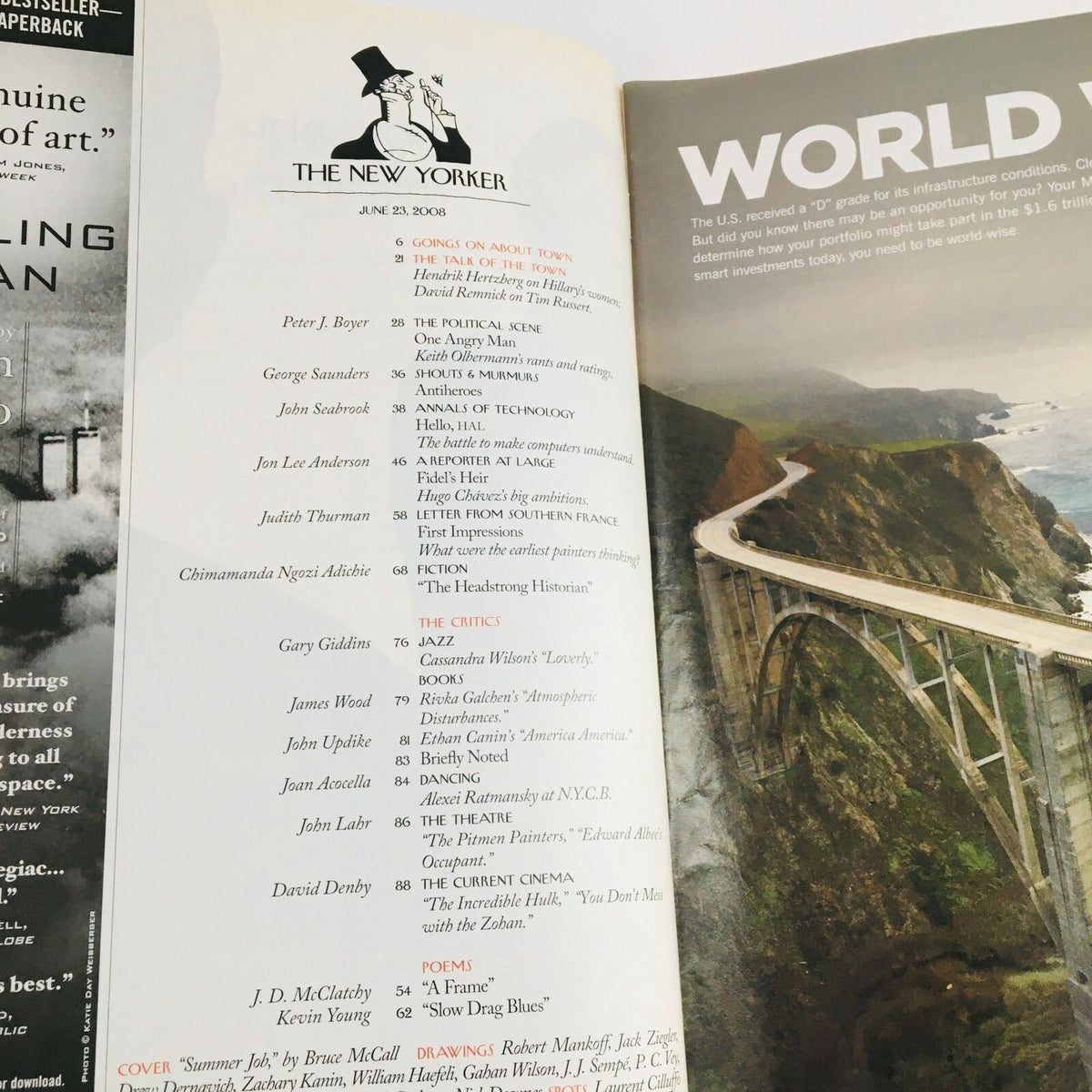 Interior page of The New Yorker June 23 2008 showing the table of contents with various article titles and a vintage design.