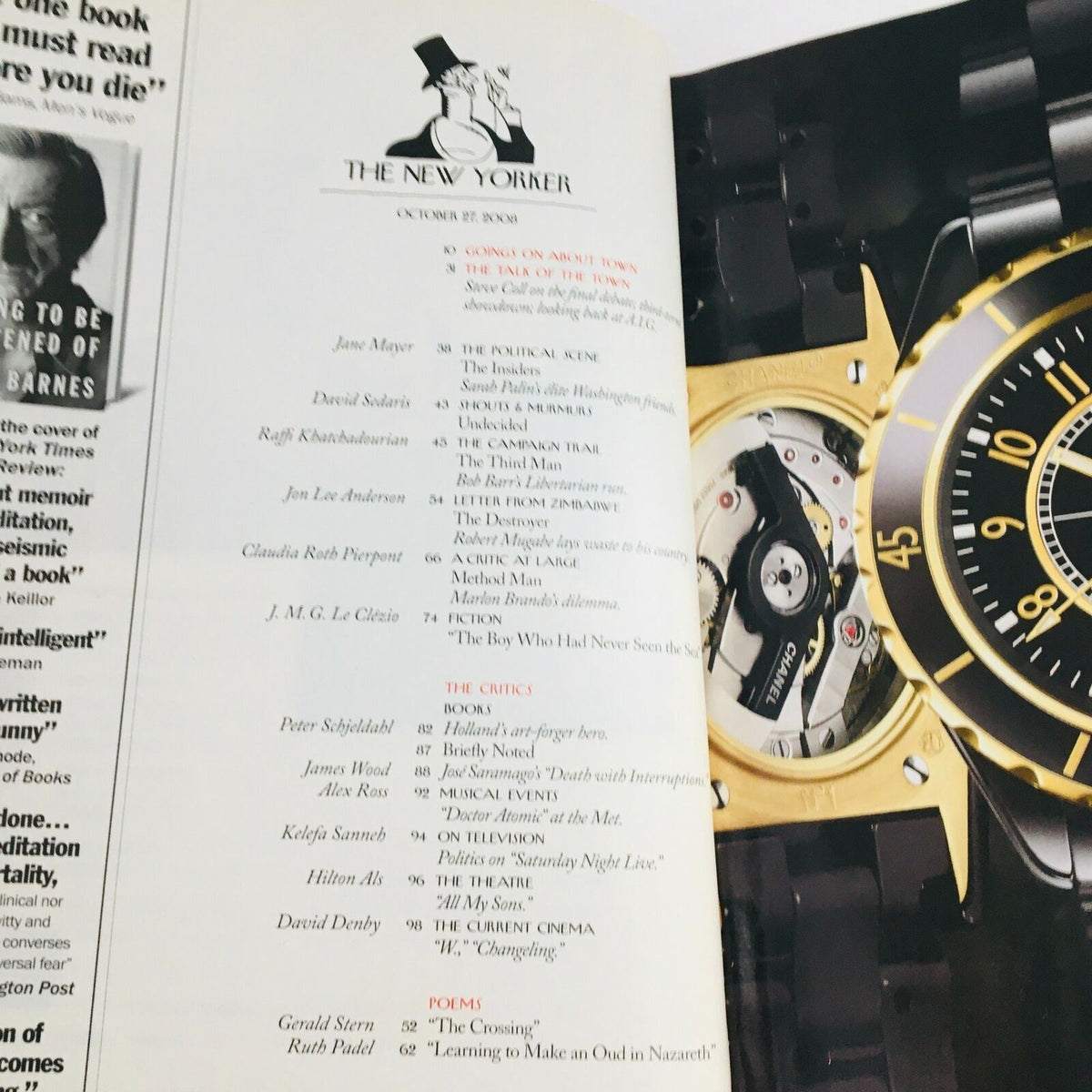 Interior page of The New Yorker October 27 2008 magazine showing the Table of Contents along with a luxury watch, showcasing the unique layout and design style of the publication.