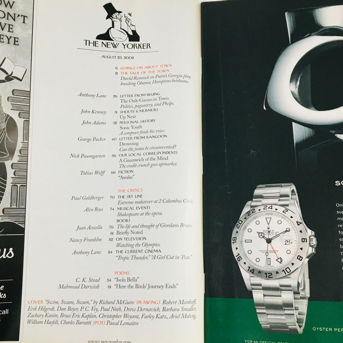 Table of contents page from The New Yorker August 25 2008 magazine, listing articles and contributors, showcasing the magazine's literary culture.