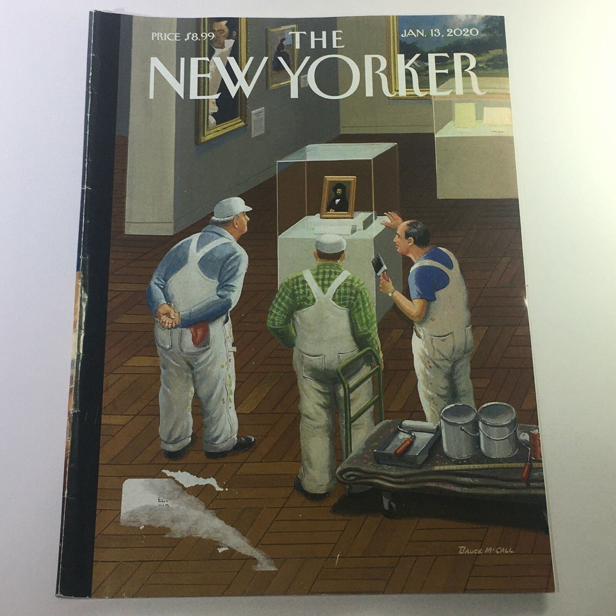 Cover of The New Yorker January 13 2020, featuring an illustration by Bruce McCall that depicts three men in overalls admiring a painting in a gallery.