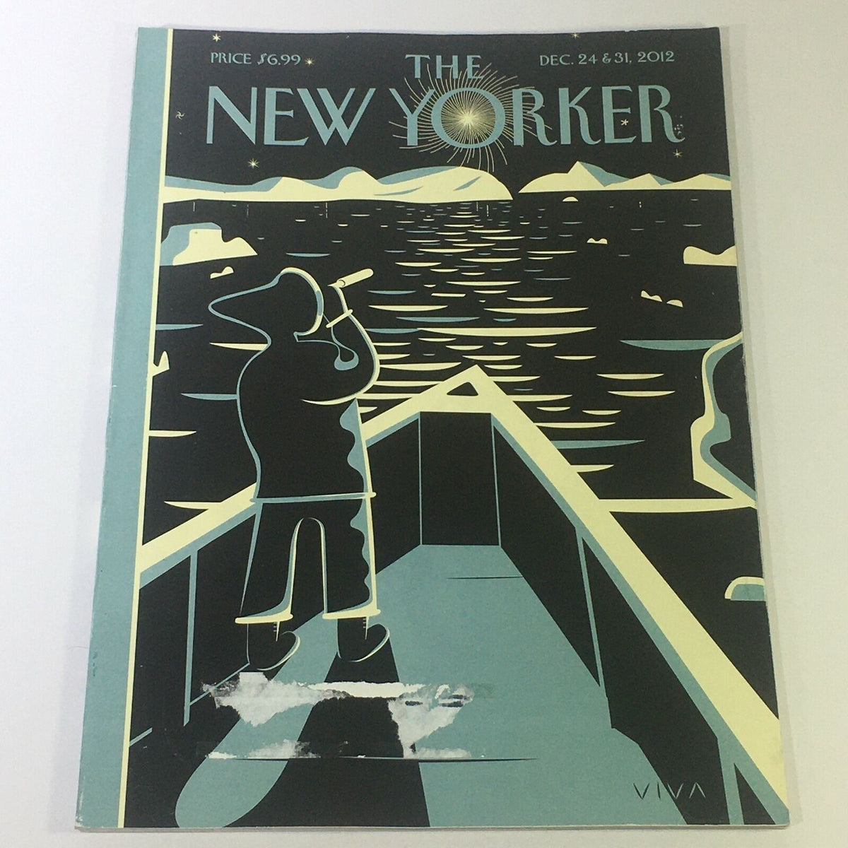 The New Yorker December 24 & 31 2012 Cover featuring a striking illustration by Frank Viva, depicting a figure on a boat observing a scenic landscape with mountains and water, representing a festive theme.