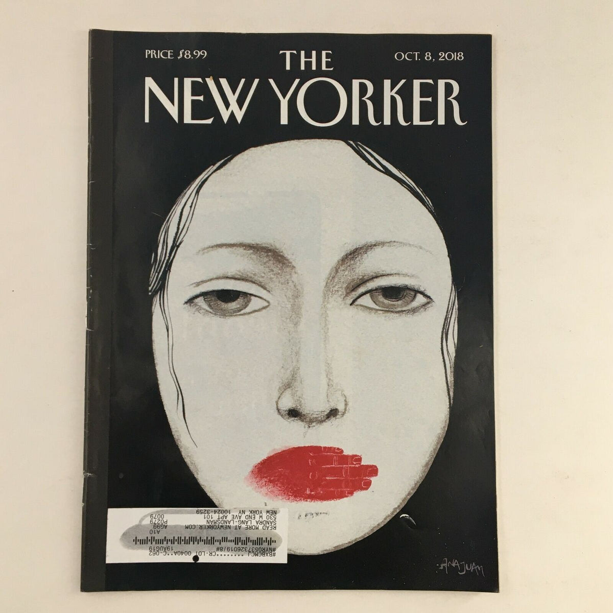The New Yorker Full Magazine October 8 2018 featuring the Unheard cover design by Ana Juan, showcasing a minimalist illustration with a face and a red hand over the mouth, symbolizing unvoiced societal themes.