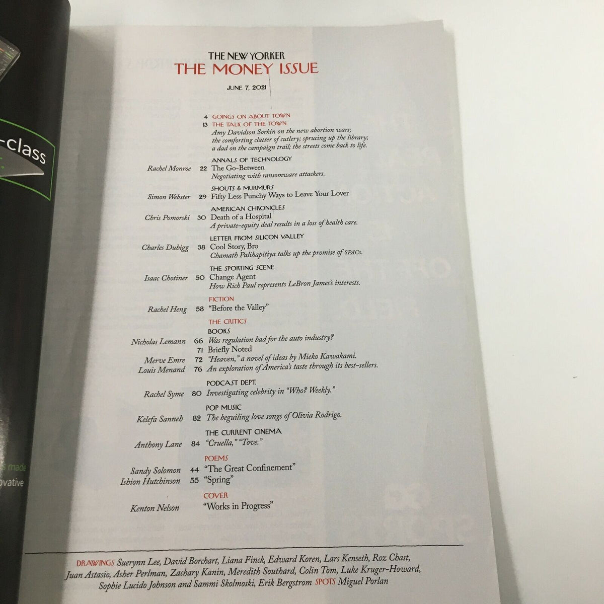 Table of contents from The New Yorker Magazine June 7, 2021, featuring articles and contributions including 'Works in Progress' by Kenton Nelson.