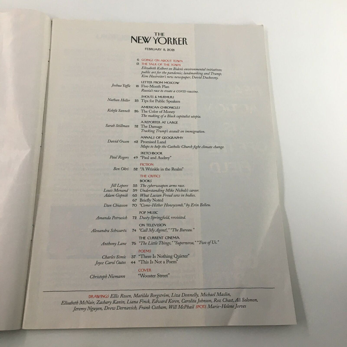 Table of contents from The New Yorker magazine February 8, 2021, listing featured articles and contributions, showcasing the issue's diverse content.