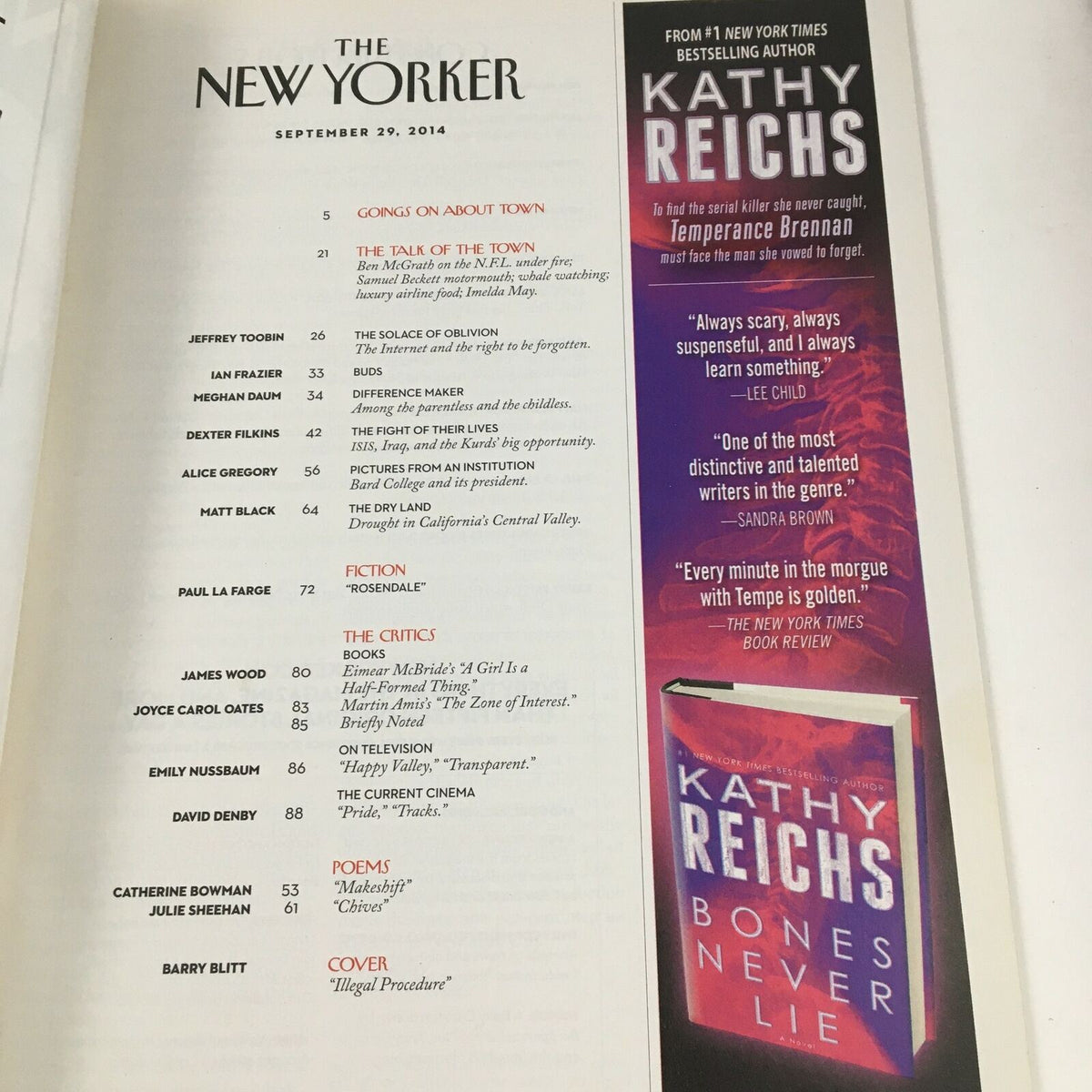 The New Yorker September 29 2014 Table of Contents page showcasing articles and features, including the cover illustration by Barry Blitt, highlighting its insightful editorial content.