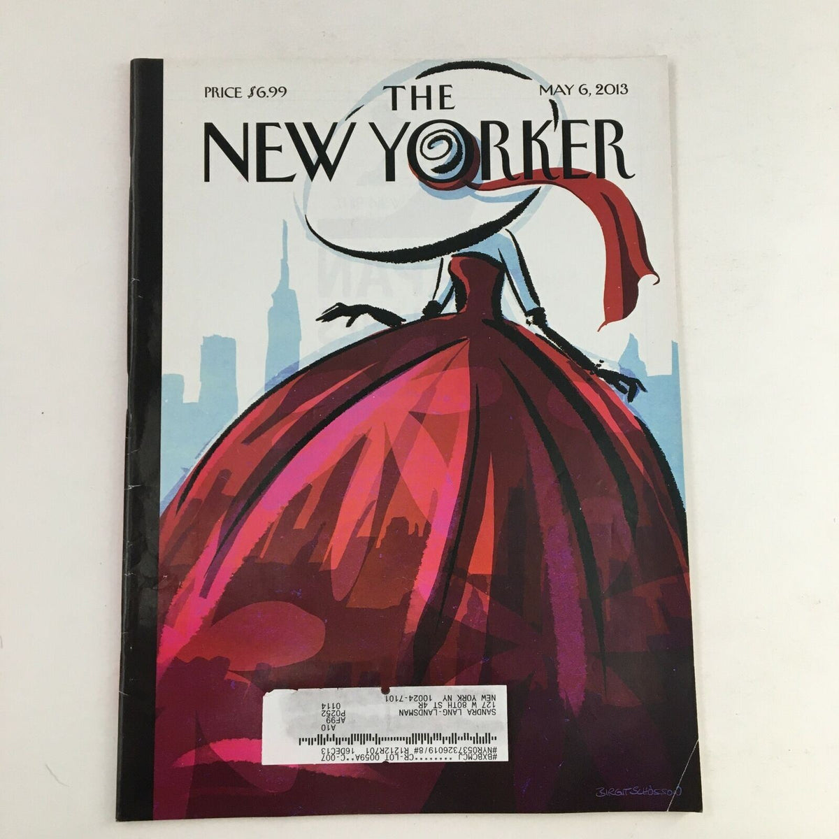 Cover of The New Yorker Full Magazine May 6 2013 featuring vibrant art titled 'From The Canal' by Birgit Schössow, depicting a stylish figure in a bold red dress against a city skyline.
