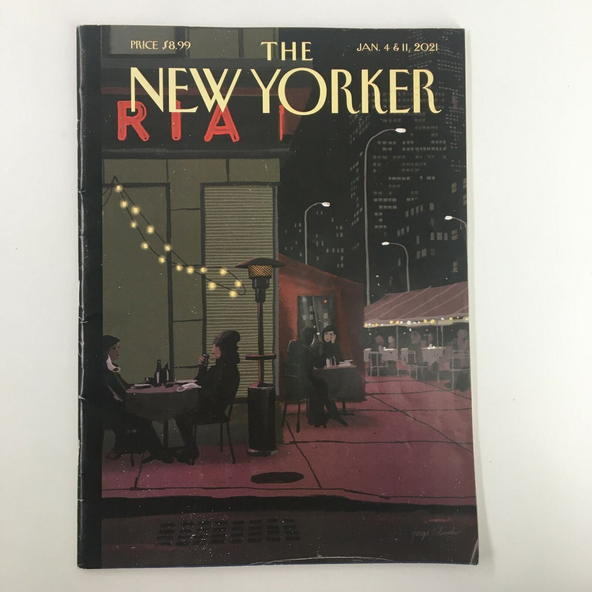 The New Yorker - January 4, 2021, featuring the cover art 'Bright Lights' by Jorge Colombo, showcasing an atmospheric city scene with diners at a restaurant and glowing lights.