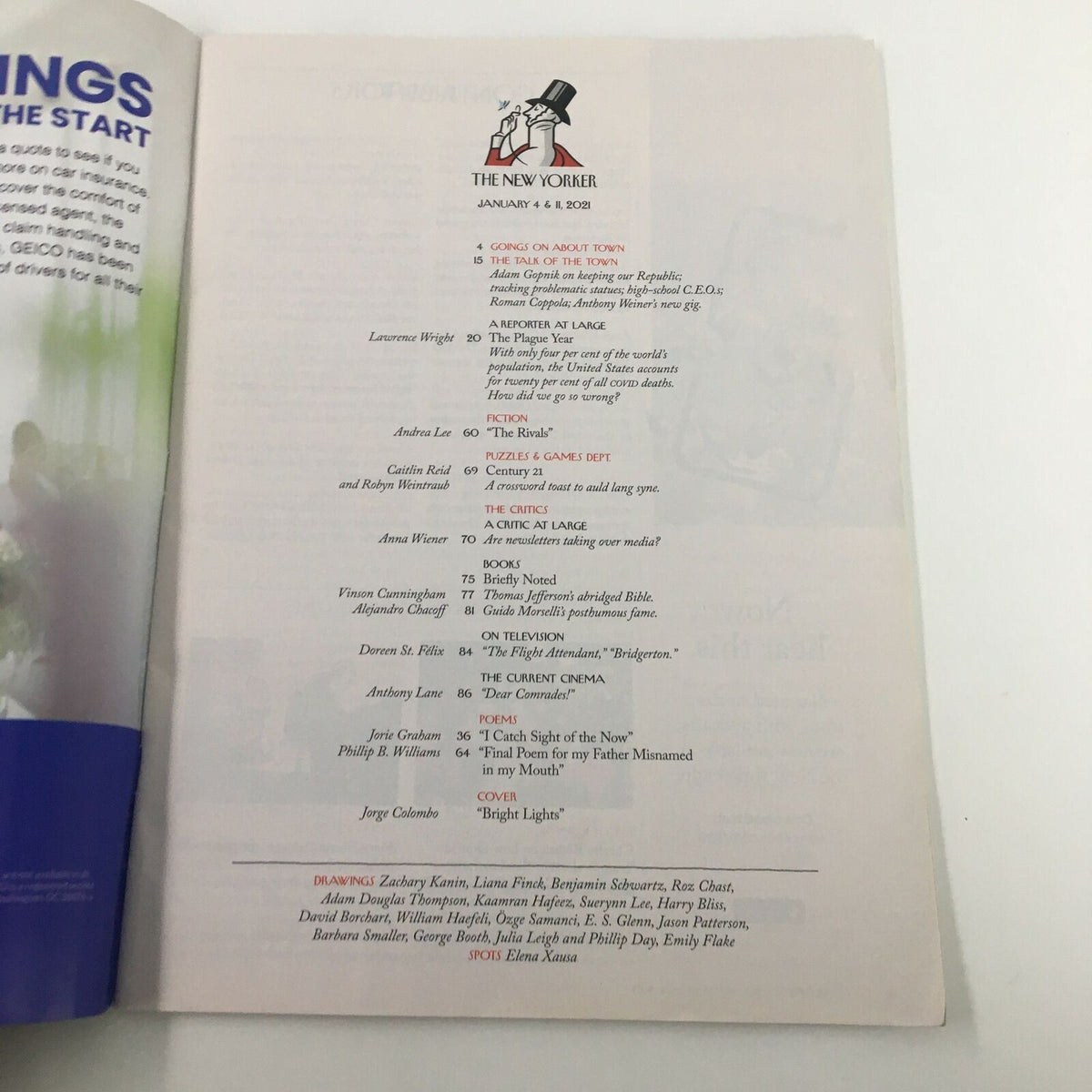 The New Yorker - January 4, 2021, table of contents page highlighting featured articles and contributors for this edition.