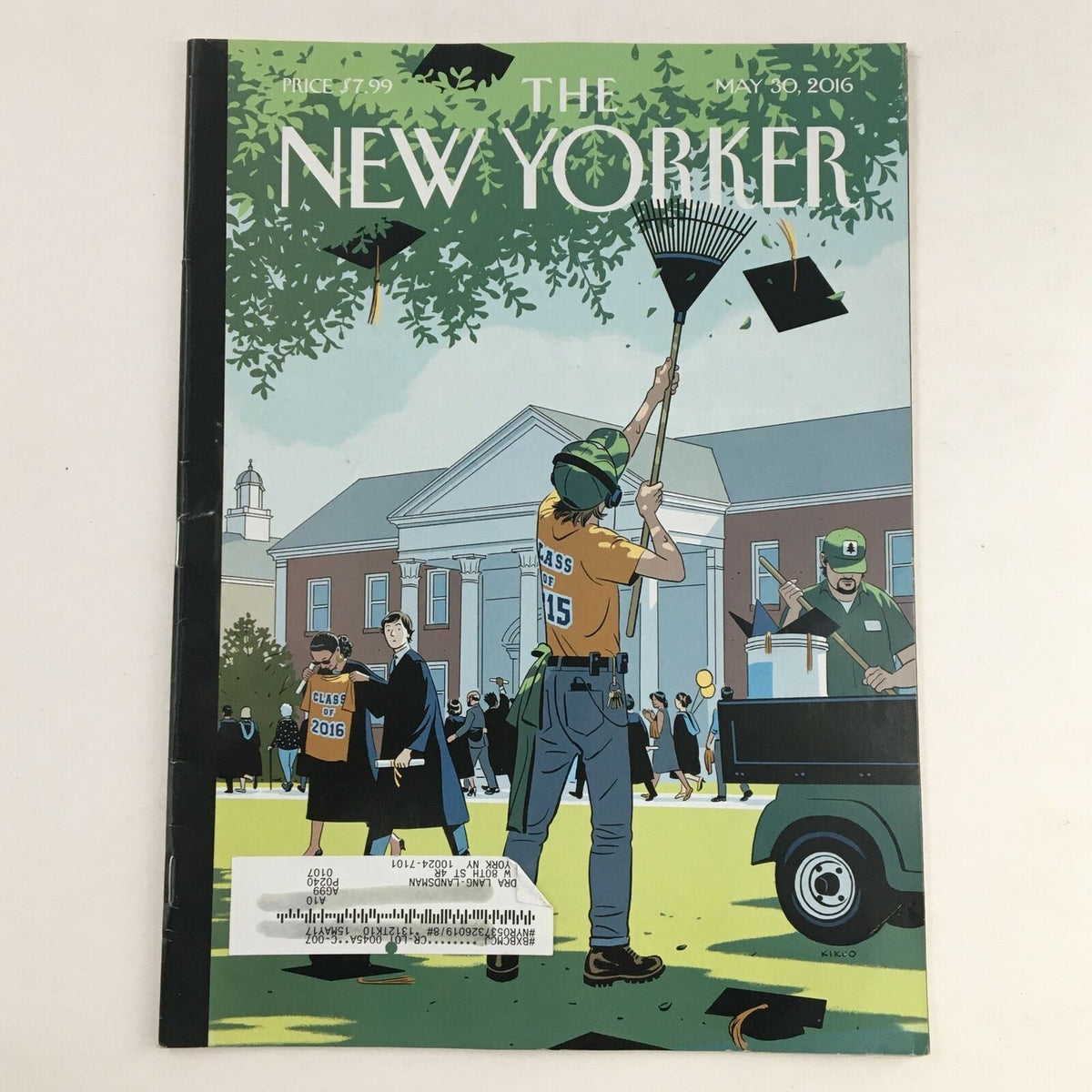 Cover of The New Yorker Full Magazine May 30, 2016, featuring a commencement theme illustration by R. Kikuo Johnson, depicting graduates celebrating and a landscape of academic architecture.
