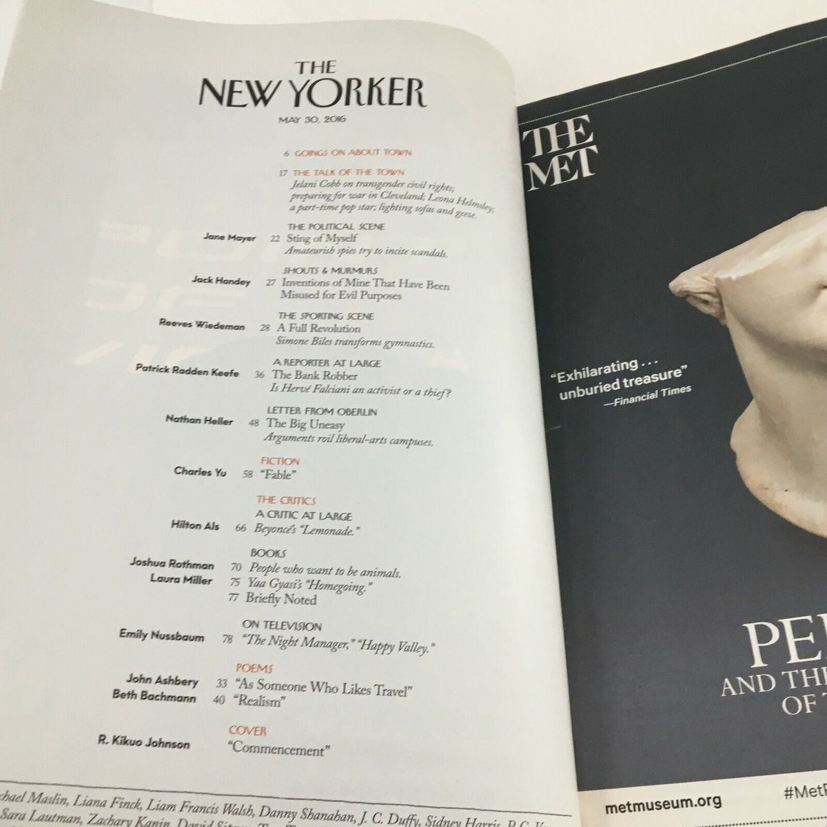 Inside page of The New Yorker Full Magazine May 30, 2016, displaying the index including various writers and articles featured in this edition.
