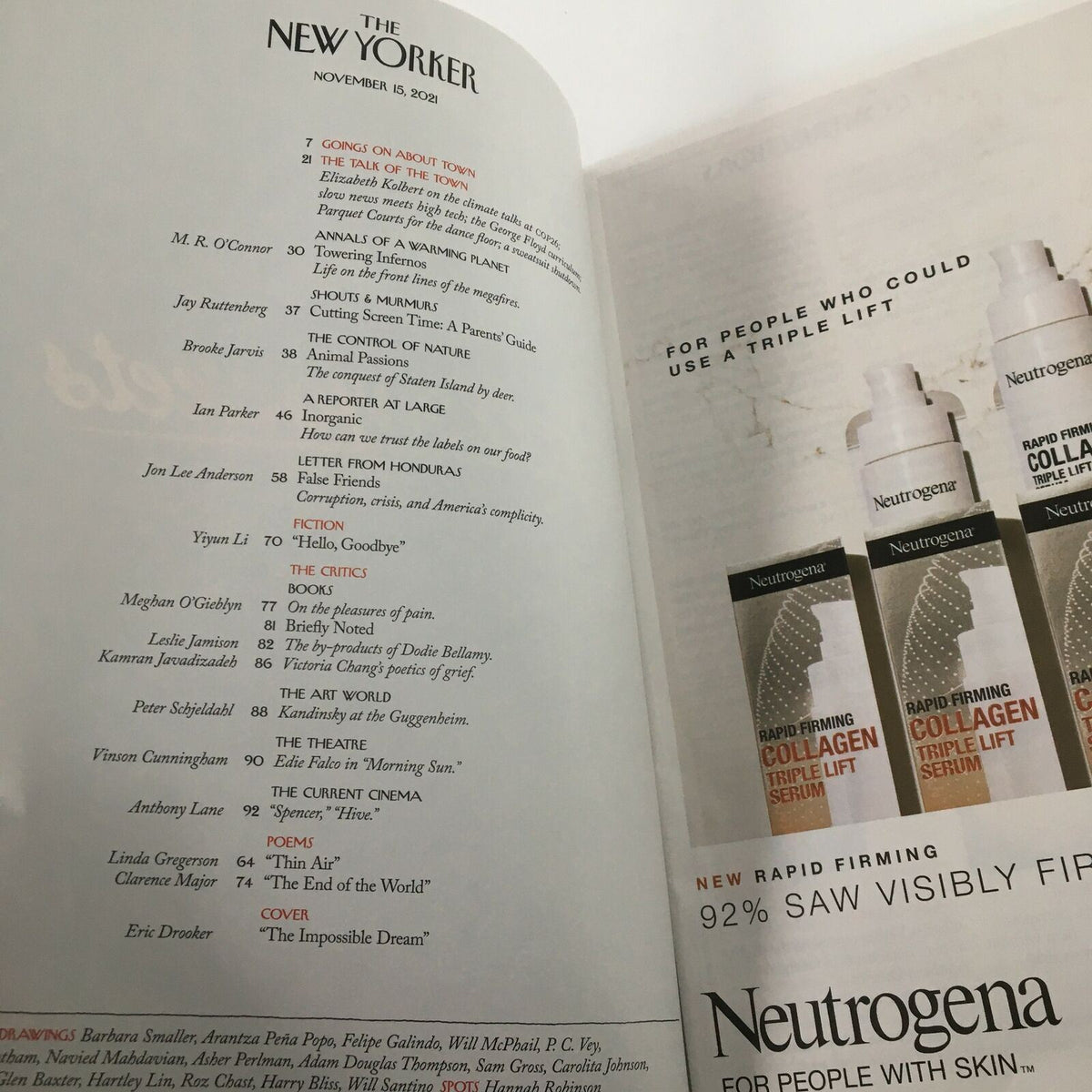 Inside page of The New Yorker Full Magazine November 15, 2021 displaying the table of contents, illustrating the articles and features included in this edition.