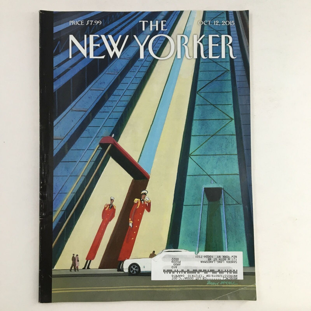 Cover of The New Yorker magazine from October 12, 2015, featuring a striking illustration titled 'Buildings' by Bruce McCall, showcasing architectural elements and urban figures.