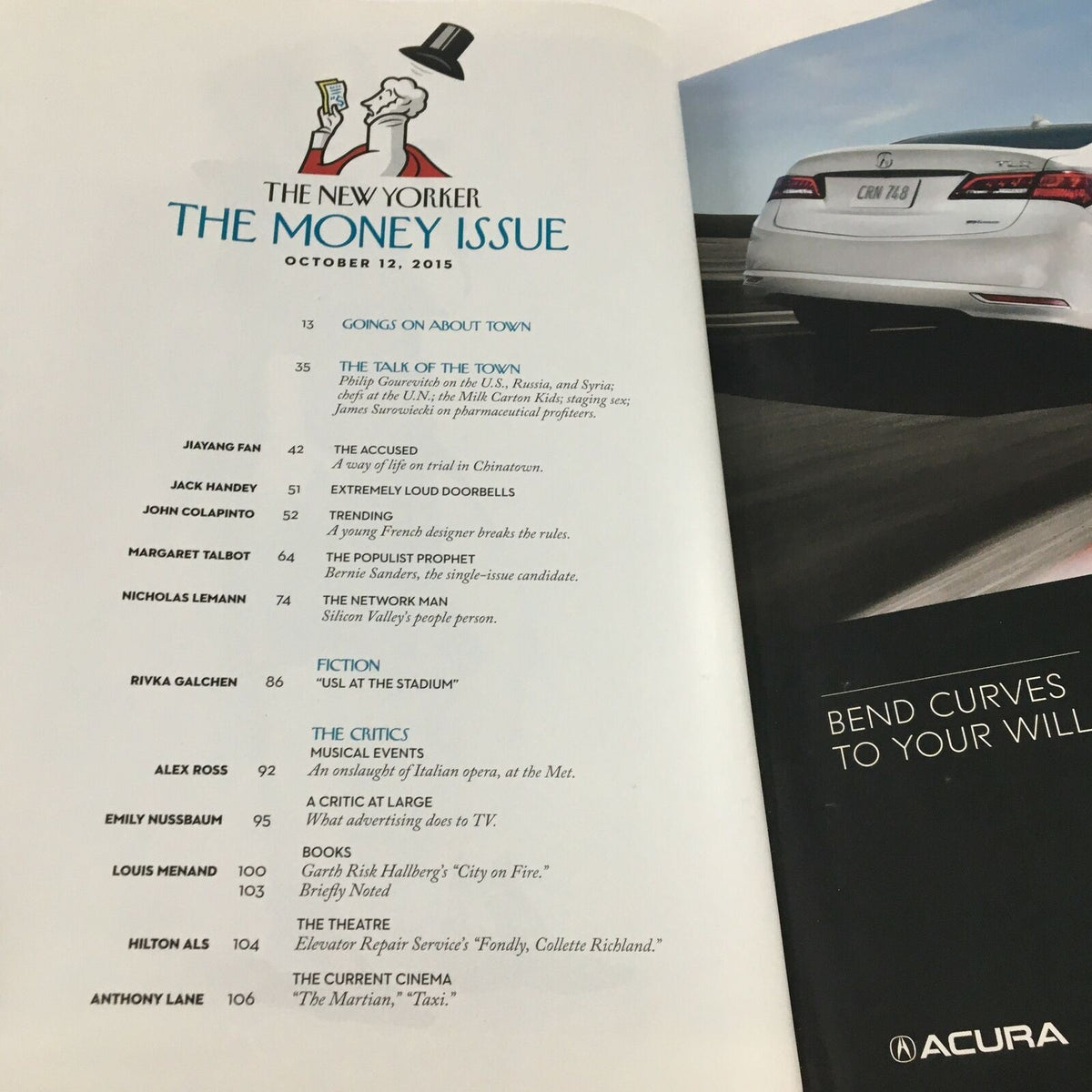 Interior page of The New Yorker magazine from October 12, 2015, displaying the table of contents for the 'Money Issue' issue, highlighting various articles and authors.