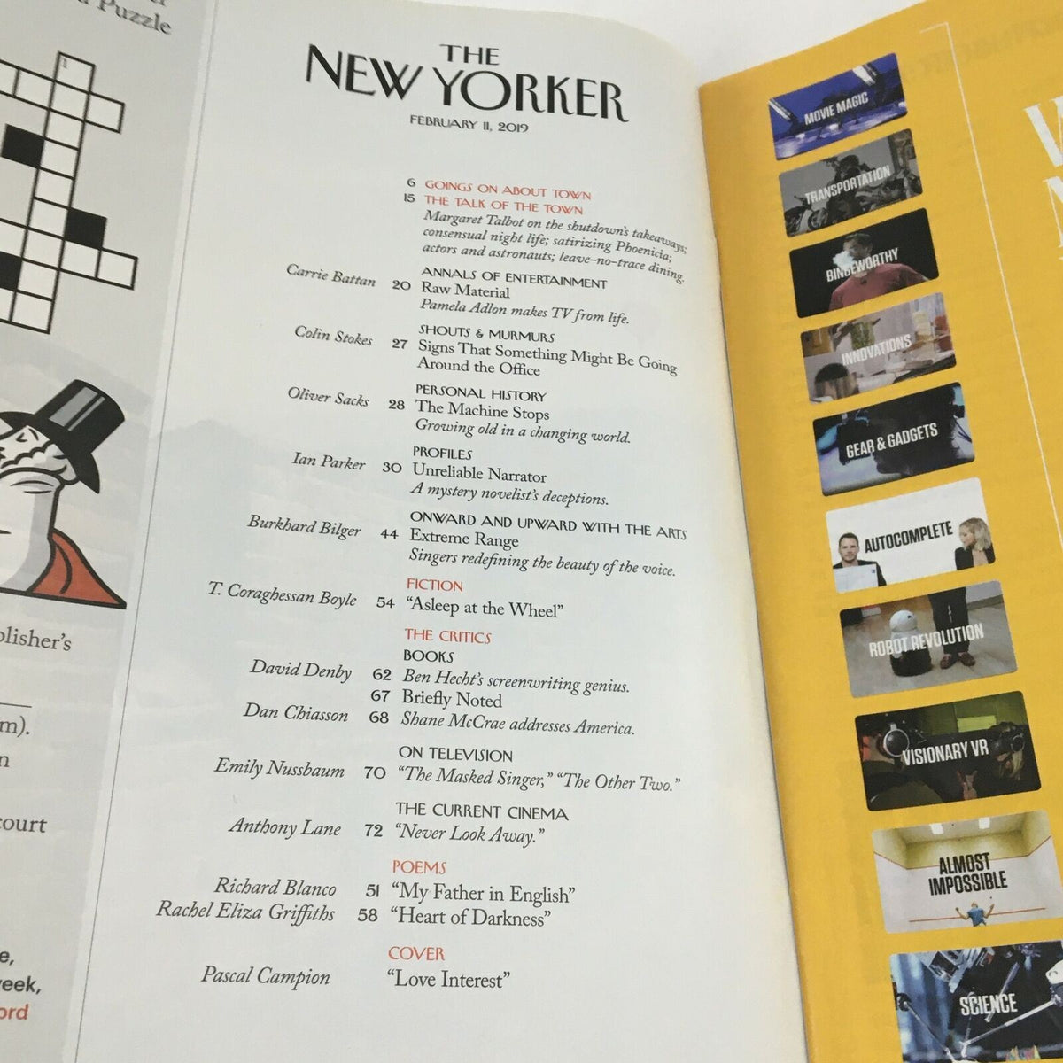 Table of contents page from The New Yorker magazine February 8, 2019, including features like 'Goings On About Town' and listings of articles and authors.