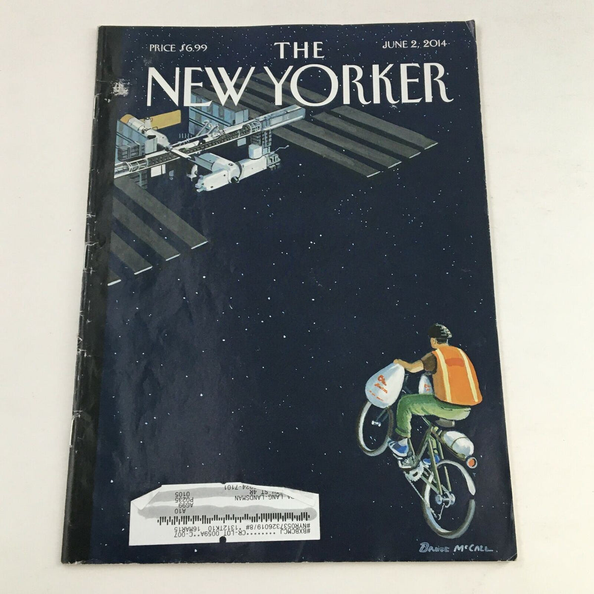 Cover of The New Yorker magazine from June 2, 2014, featuring artwork by Bruce McCall, showcasing a serene night scene with a bicycle and space station themes.