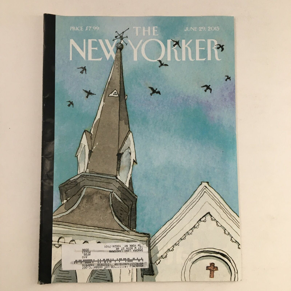 Cover of The New Yorker magazine, June 29, 2015, featuring a watercolor illustration titled 'Nine Church' by Barry Blitt, showcasing a church steeple against a blue sky with birds.