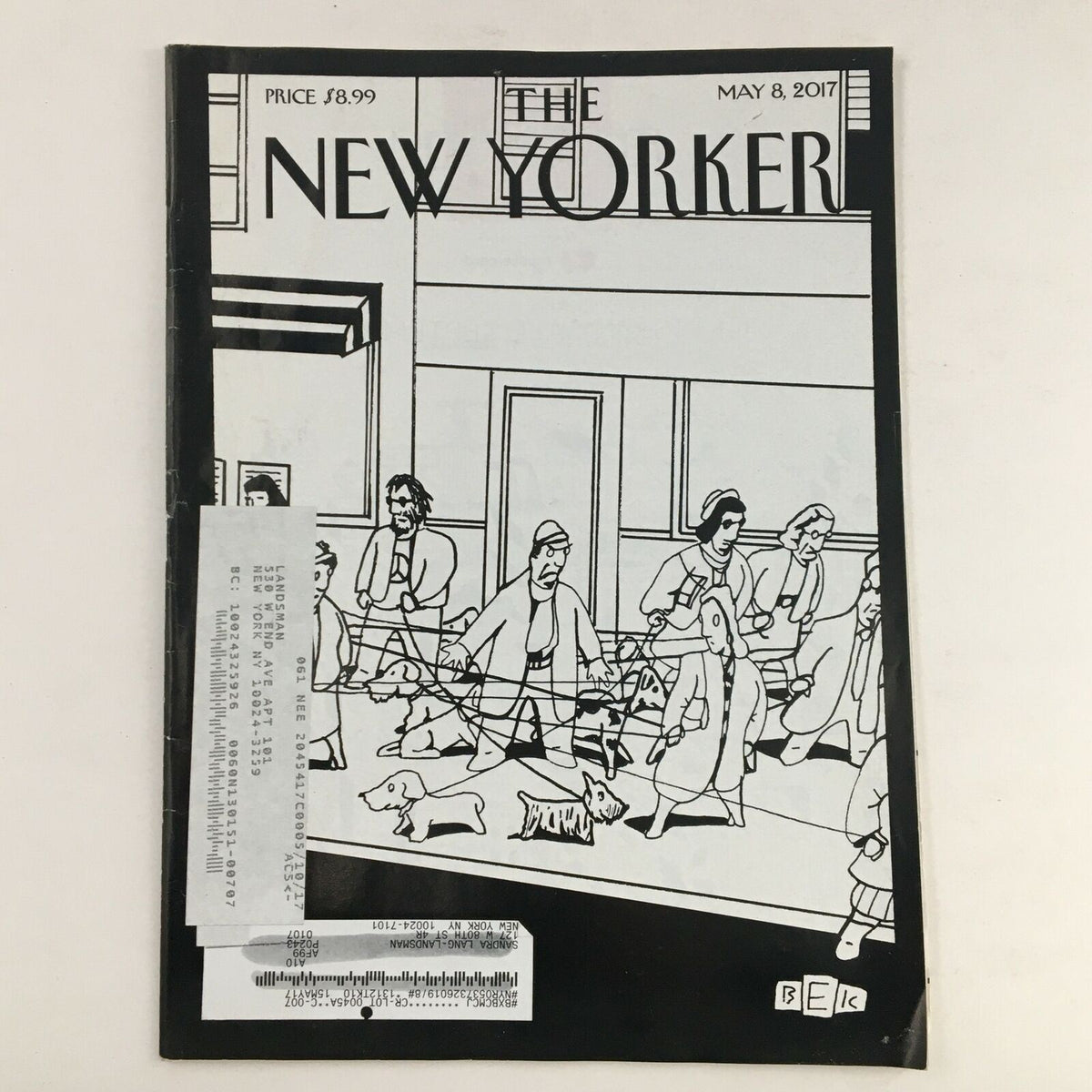 Cover of The New Yorker Full Magazine May 8 2017 featuring the cartoon 'Man's Best Friend' by Bruce Eric Kaplan, showcasing a humorous illustration of people walking dogs.