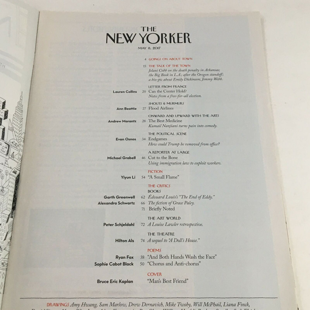 Table of contents page from The New Yorker Full Magazine May 8 2017, listing various articles and features including the cover cartoon 'Man's Best Friend'.