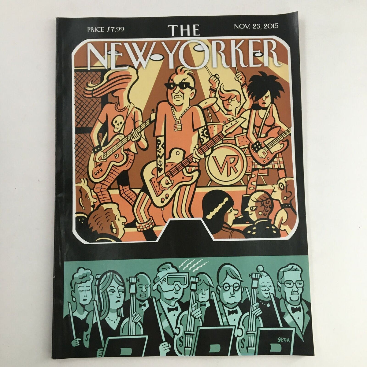 The New Yorker November 23 2015 Full Magazine Theme Cover by Gregory Gallant featuring an illustration of musicians playing instruments on stage, showcasing a blend of rock and classical themes.