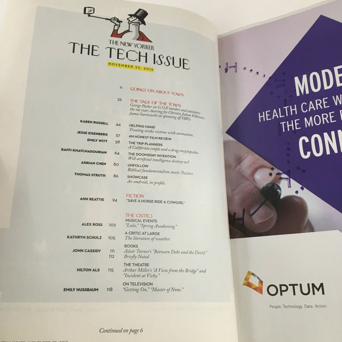 Interior page of The New Yorker November 23 2015 issue, titled 'The Tech Issue,' listing various articles and contributors, including names like Adrian Chen and Karen Russell.