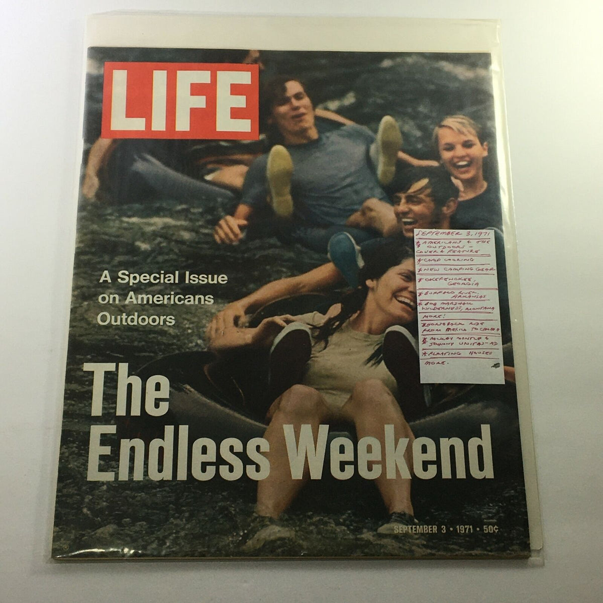 VTG Life Magazine September 3 1971 with the cover title 'The Endless Weekend,' depicting friends tubing in a river, celebrating outdoor adventure.