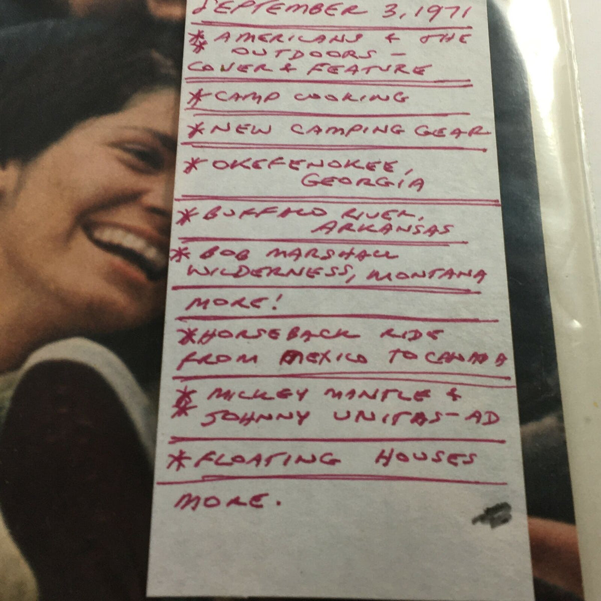 VTG Life Magazine September 3 1971 special issue, showing a close-up of a handwritten list of featured topics related to outdoor activities.