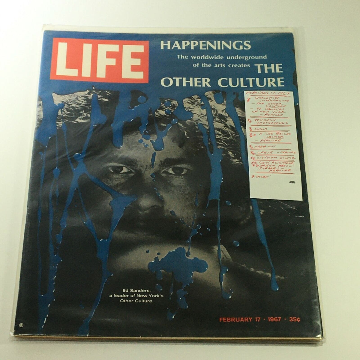 VTG Life Magazine February 17 1967 Ed Sanders cover with additional handwritten notes detailing article features, including Ed Sanders, showcasing 'The Other Culture' theme.