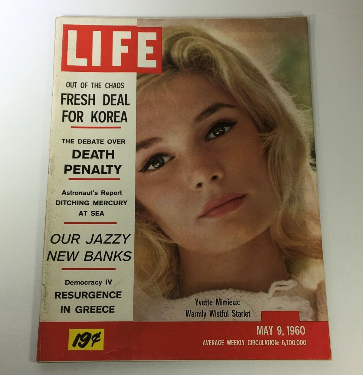 Cover of VTG Life Magazine from May 9, 1960 featuring actress Yvette Mimieux. The magazine includes headlines such as 'Fresh Deal for Korea' and 'The Debate Over Death Penalty', showcasing mid-20th-century pop culture and news.