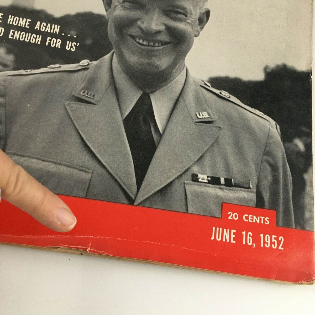 Detailed view of the bottom of VTG Life Magazine June 16 1952, showcasing the date and price, along with a smiling image of Eisenhower.