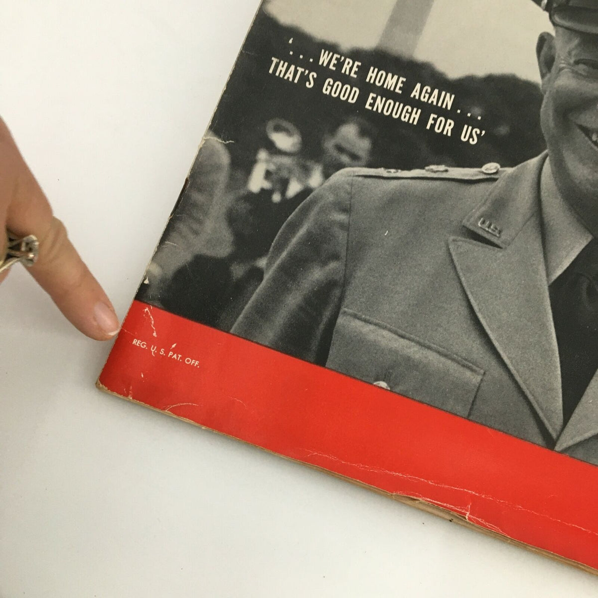 Close-up of the vintage Life Magazine June 16, 1952 featuring Dwight D. Eisenhower on the cover, highlighting edge wear and details like 'REG. U.S. PAT. OFF.' text.