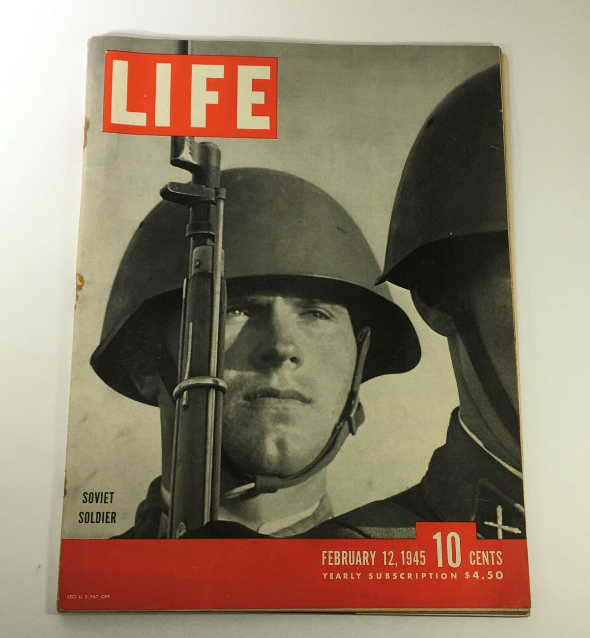 VTG Life Magazine February 12, 1945 featuring a Soviet soldier on the cover, showcasing historical significance from World War II.