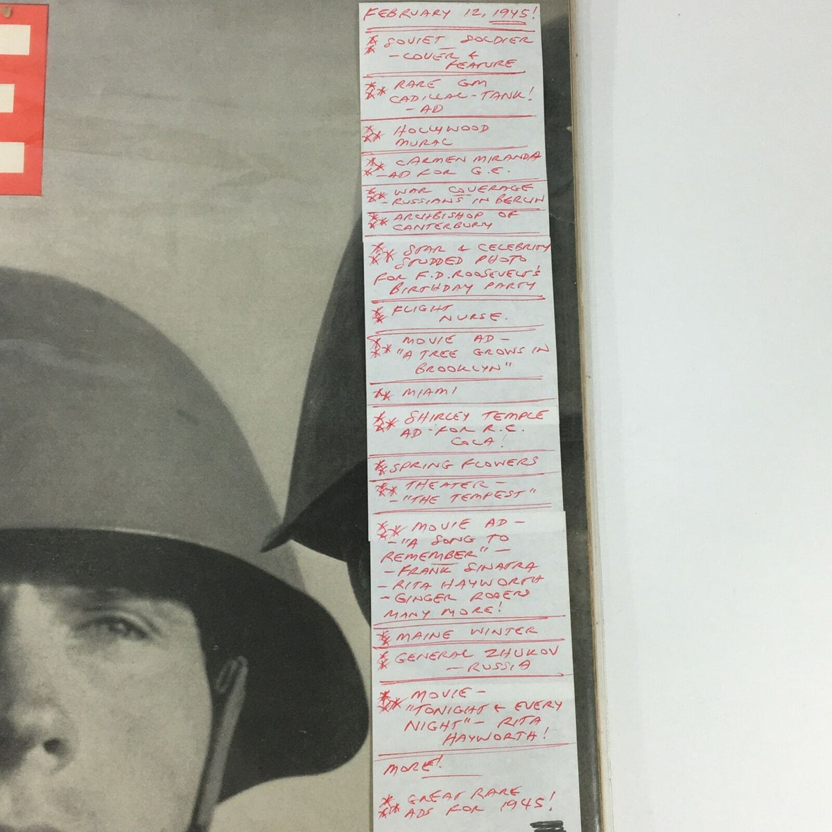 Inside page of VTG Life Magazine February 12, 1945 displaying a list of articles and advertisements, enhancing its historical context.